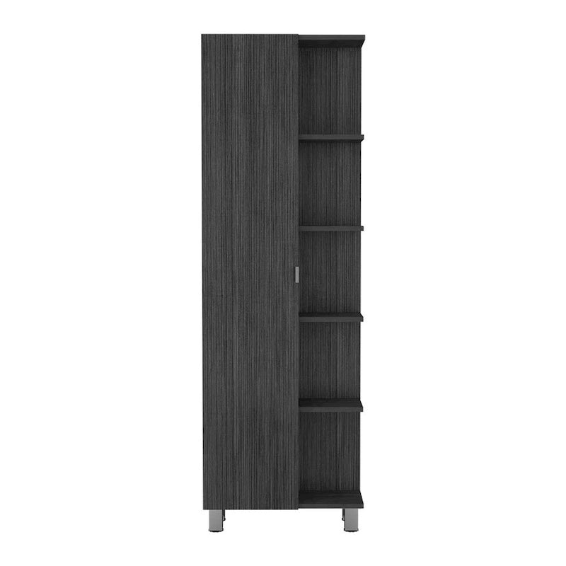 Meuble d'angle Womppi, cinq étagères ouvertes, une seule porte, finition gris clair, de haute qualité et durable