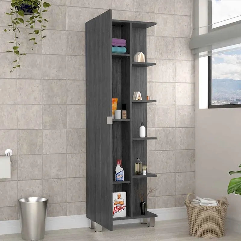 Meuble d'angle Womppi, cinq étagères ouvertes, une seule porte, finition gris clair, de haute qualité et durable