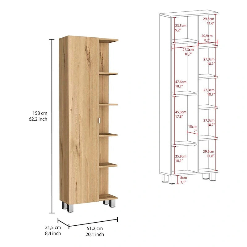 Meuble d'angle Womppi, cinq étagères ouvertes, une seule porte, finition gris clair, de haute qualité et durable