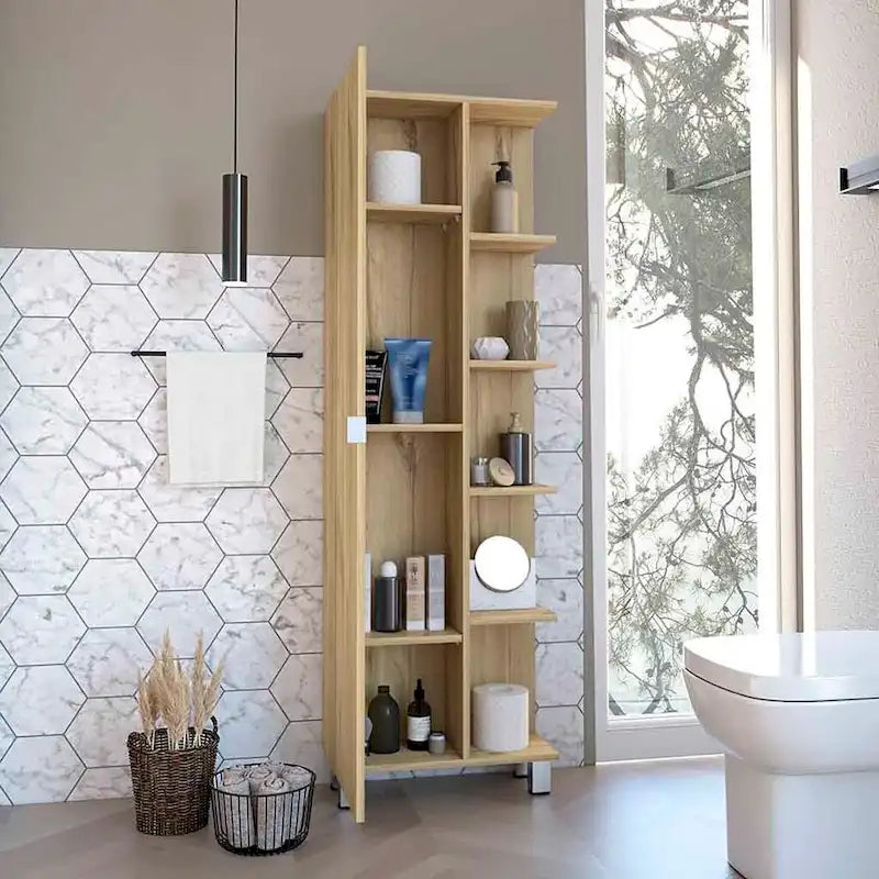 Meuble d'angle Womppi, cinq étagères ouvertes, une seule porte, finition gris clair, de haute qualité et durable