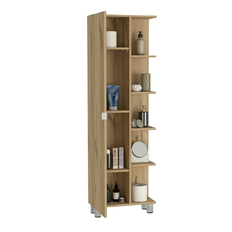 Meuble d'angle Womppi, cinq étagères ouvertes, une seule porte, finition gris clair, de haute qualité et durable