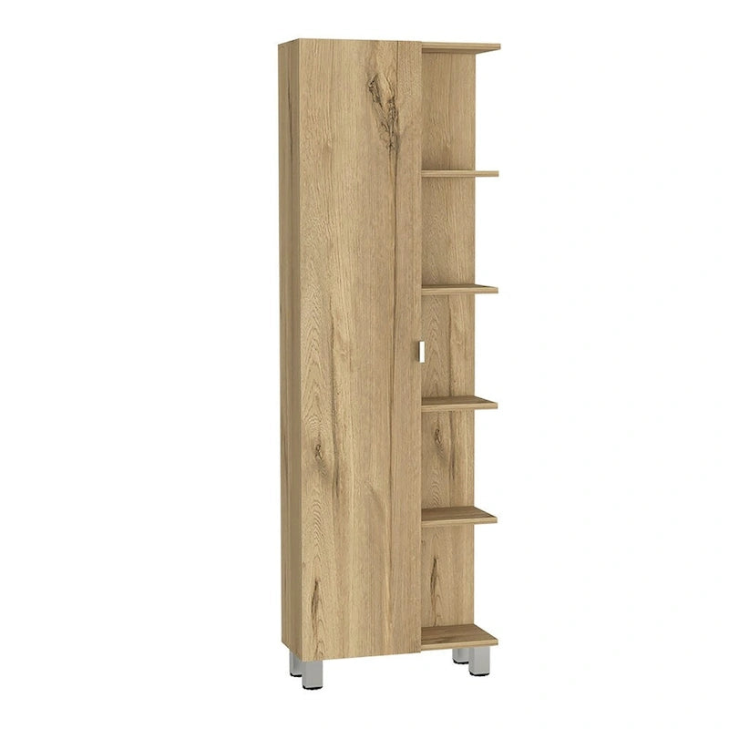 Meuble d'angle Womppi, cinq étagères ouvertes, une seule porte, finition gris clair, de haute qualité et durable