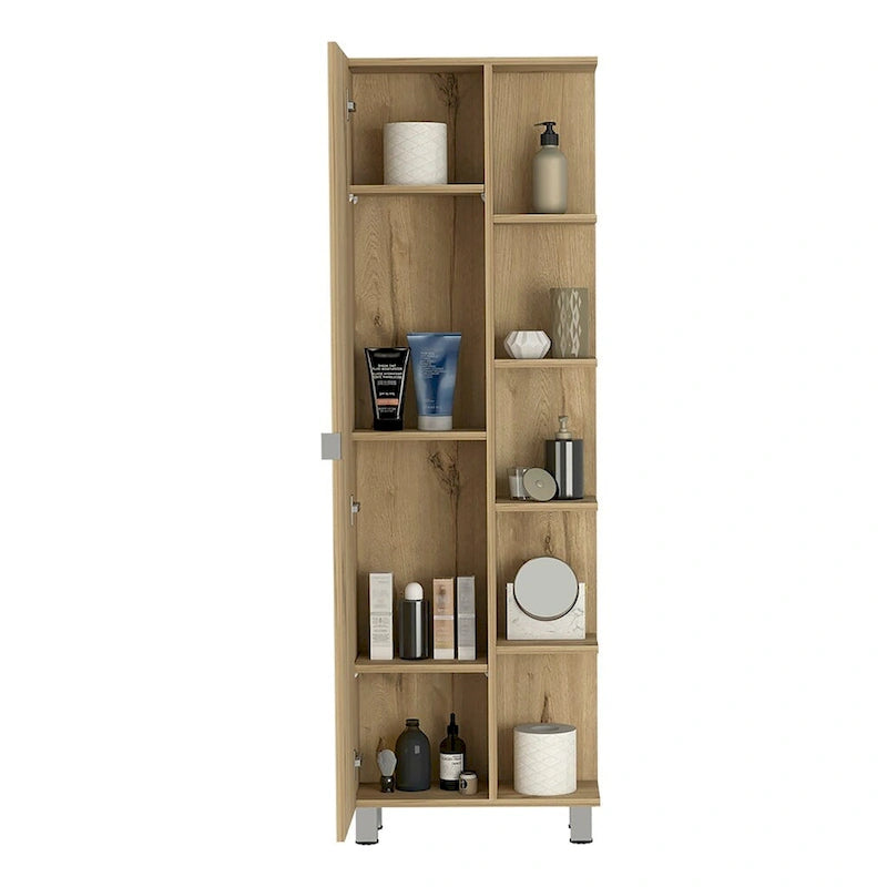 Meuble d'angle Womppi, cinq étagères ouvertes, une seule porte, finition gris clair, de haute qualité et durable