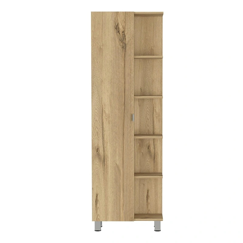Meuble d'angle Womppi, cinq étagères ouvertes, une seule porte, finition gris clair, de haute qualité et durable