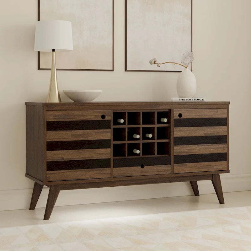WYNDENHALL Wright Buffet rectangulaire Mid Century de 152,4 cm de large en BOIS D'ACACIA MASSIF avec rangement à vin, Fini Brun Vieilli Naturel Rustique