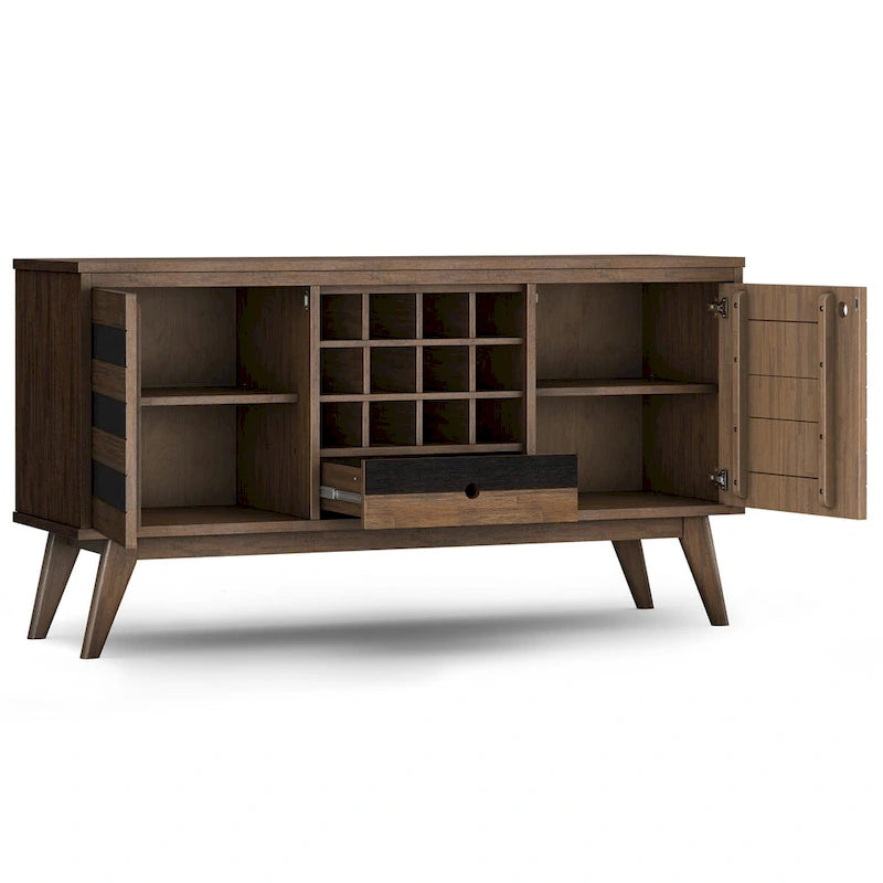 WYNDENHALL Wright Buffet rectangulaire Mid Century de 152,4 cm de large en BOIS D'ACACIA MASSIF avec rangement à vin, Fini Brun Vieilli Naturel Rustique