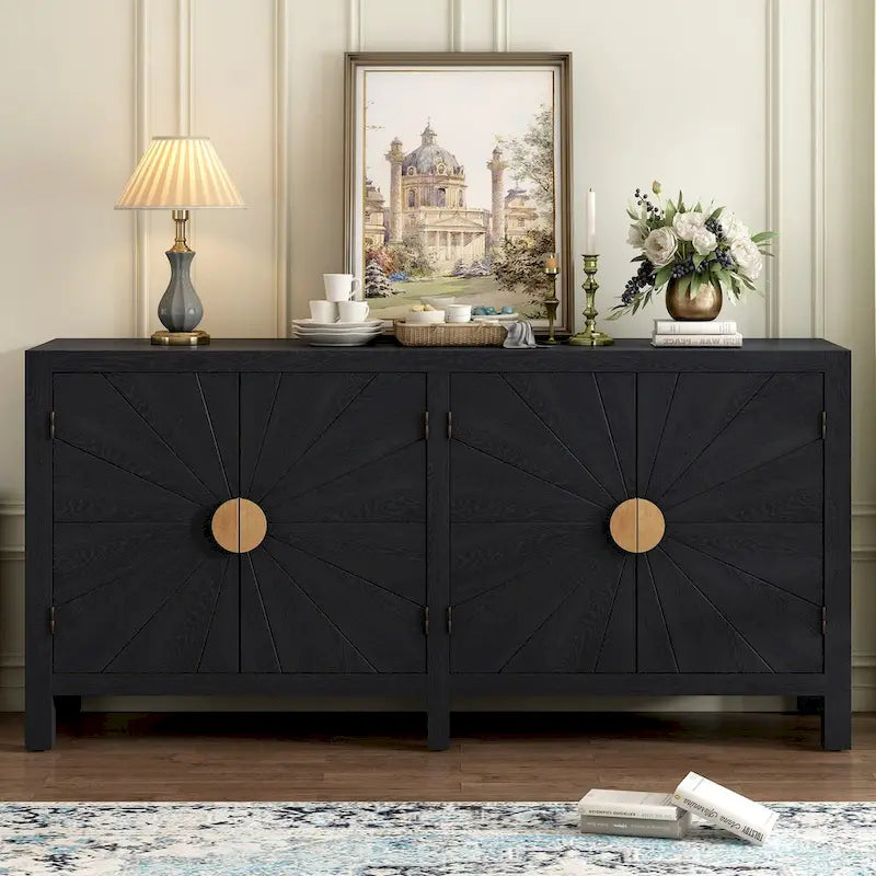 Caractéristiques uniques de l'armoire en placage de frêne avec portes à motif de lignes rayonnantes, adaptée aux salons et aux couloirs