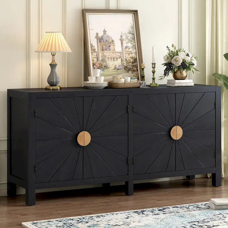 Caractéristiques uniques de l'armoire en placage de frêne avec portes à motif de lignes rayonnantes, adaptée aux salons et aux couloirs