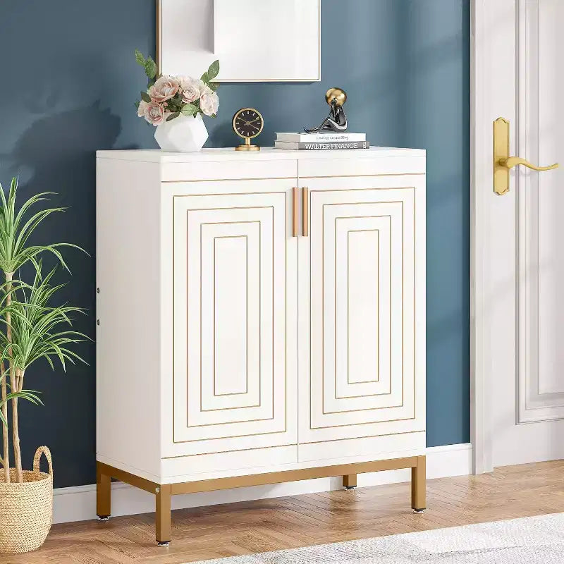 Meuble à Chaussures pour 20 Paires, Armoire de Rangement Moderne à 6 Niveaux avec Portes, Organisateur d'Entrée Autonome, Blanc et Or