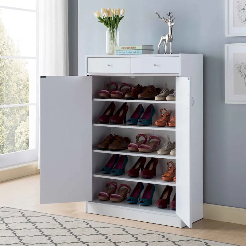 Meuble de rangement pour chaussures blanc avec cinq étagères, deux tiroirs, convient pour 15 paires de chaussures