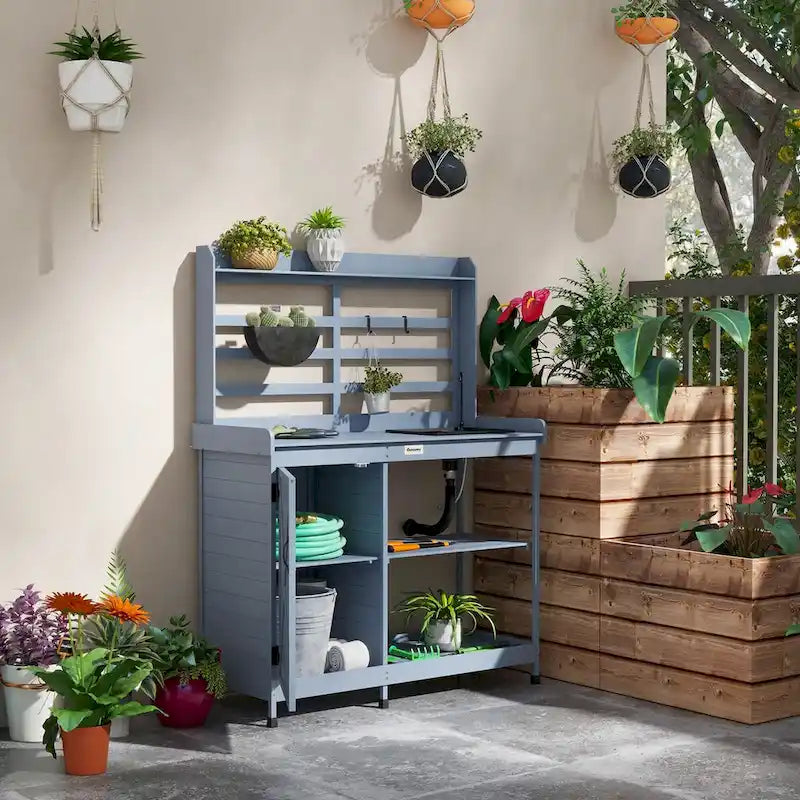 Table de rempotage en bois, table de rempotage extérieure avec étagères de rangement, évier, robinet d'eau, plateau en bois pour jardin/arrière-cour
