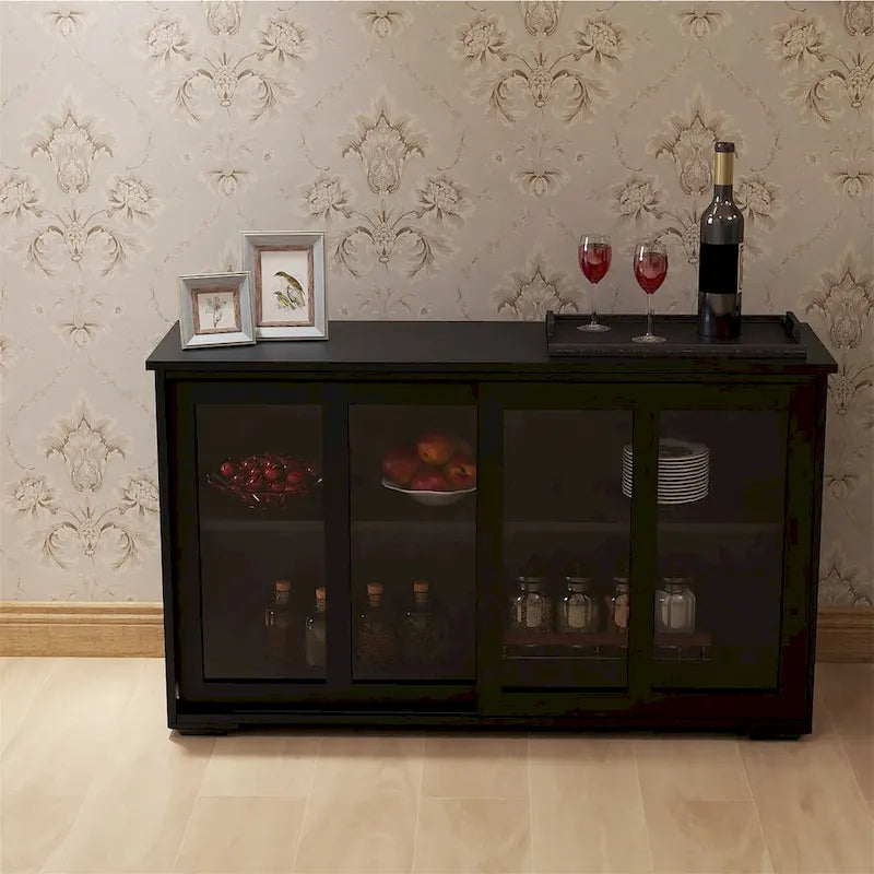 Bahut de cuisine de rangement, étagère réglable et porte vitrée, noir