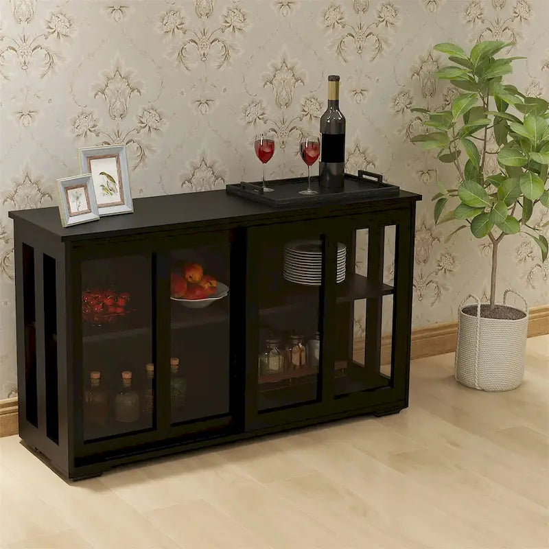 Bahut de cuisine de rangement, étagère réglable et porte vitrée, noir