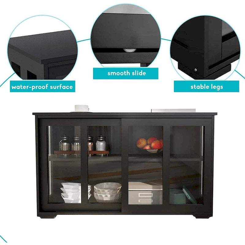 Bahut de cuisine de rangement, étagère réglable et porte vitrée, noir