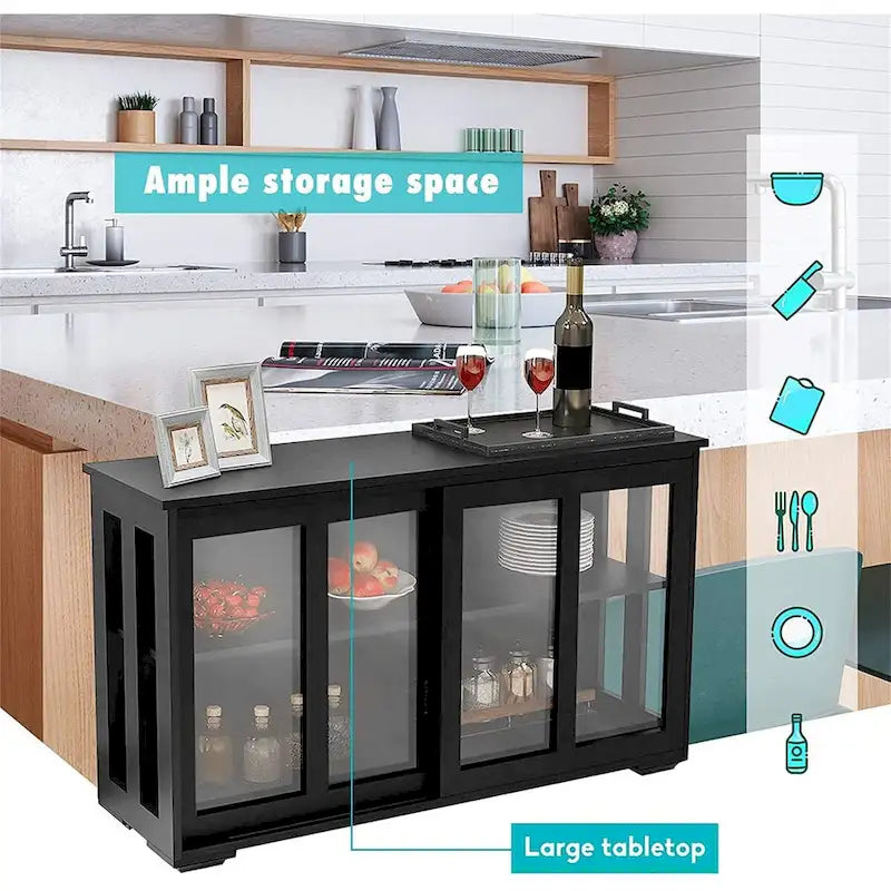 Bahut de cuisine de rangement, étagère réglable et porte vitrée, noir