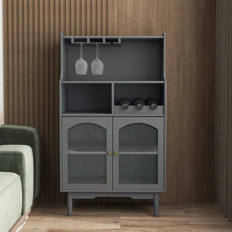 Buffet de rangement pour cave à vin moderne avec casier à vin amovible et porte-verres à pied et vitrine à 2 portes en verre pour salon, salle à manger