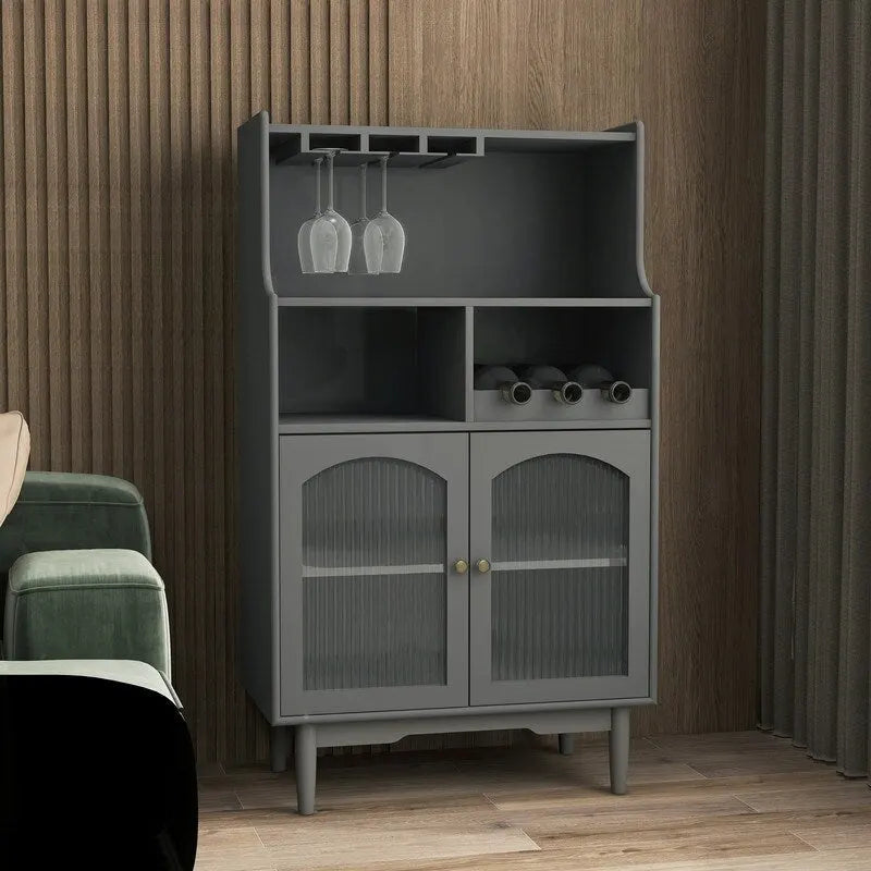 Buffet de rangement pour cave à vin moderne avec casier à vin amovible et porte-verres à pied et vitrine à 2 portes en verre pour salon, salle à manger