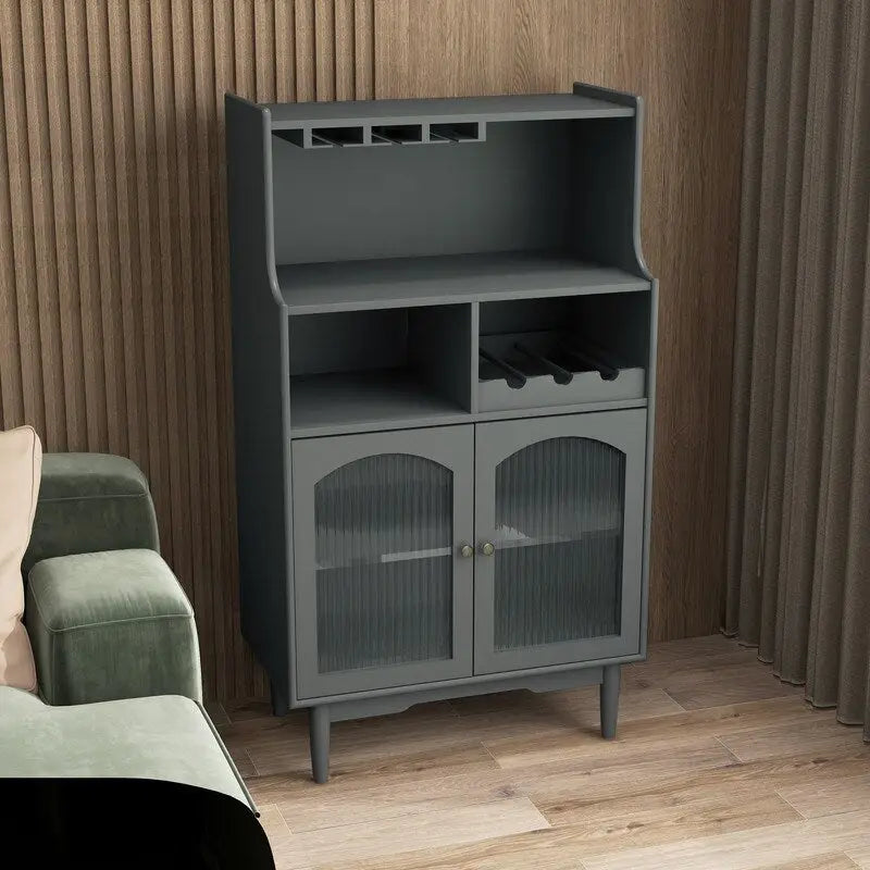 Buffet de rangement pour cave à vin moderne avec casier à vin amovible et porte-verres à pied et vitrine à 2 portes en verre pour salon, salle à manger
