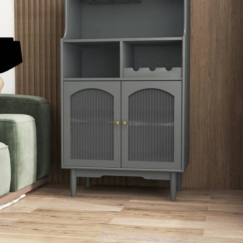 Buffet de rangement pour cave à vin moderne avec casier à vin amovible et porte-verres à pied et vitrine à 2 portes en verre pour salon, salle à manger