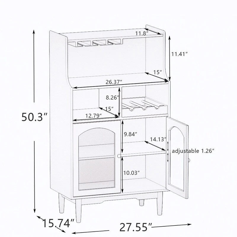 Buffet de rangement pour cave à vin moderne avec casier à vin amovible et porte-verres à pied et vitrine à 2 portes en verre pour salon, salle à manger