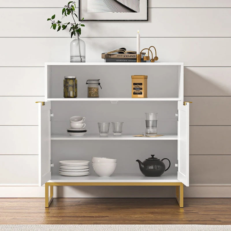 Buffet Anmytek moderne en rotin et bois blanc à 2 portes, meuble de rangement de cuisine avec étagère réglable