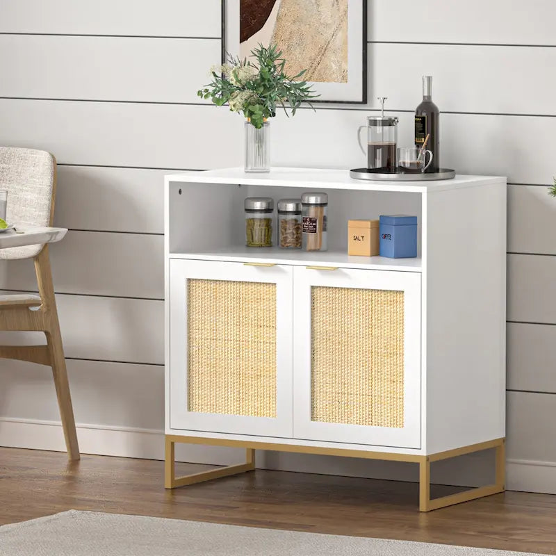 Buffet Anmytek moderne en rotin et bois blanc à 2 portes, meuble de rangement de cuisine avec étagère réglable