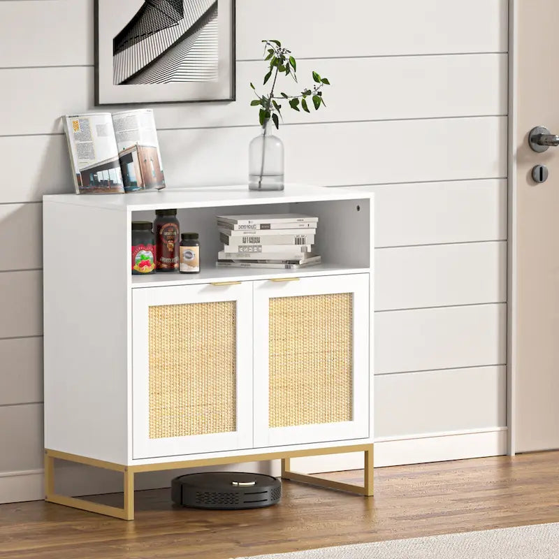Buffet Anmytek moderne en rotin et bois blanc à 2 portes, meuble de rangement de cuisine avec étagère réglable