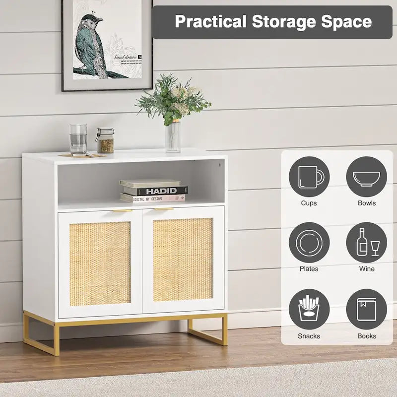 Buffet Anmytek moderne en rotin et bois blanc à 2 portes, meuble de rangement de cuisine avec étagère réglable