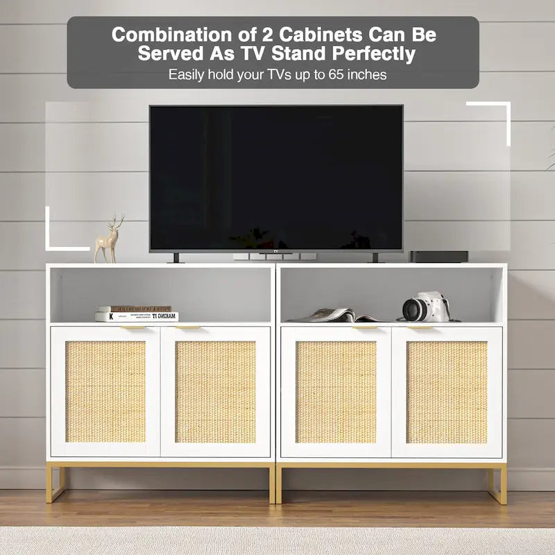 Buffet Anmytek moderne en rotin et bois blanc à 2 portes, meuble de rangement de cuisine avec étagère réglable