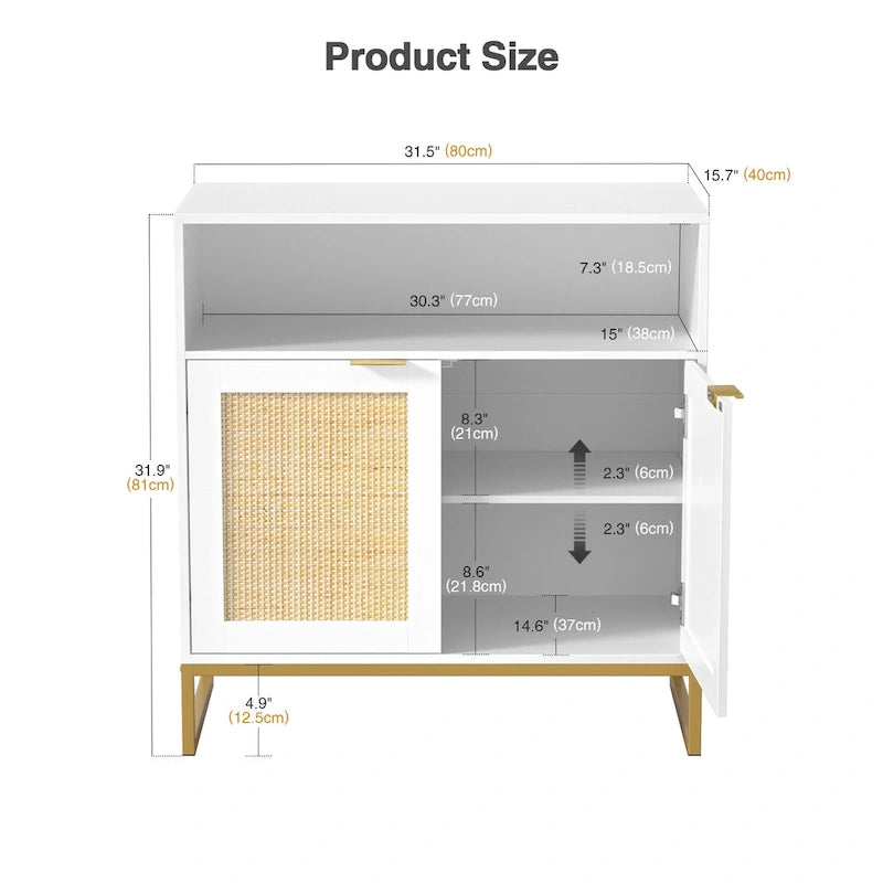 Buffet Anmytek moderne en rotin et bois blanc à 2 portes, meuble de rangement de cuisine avec étagère réglable