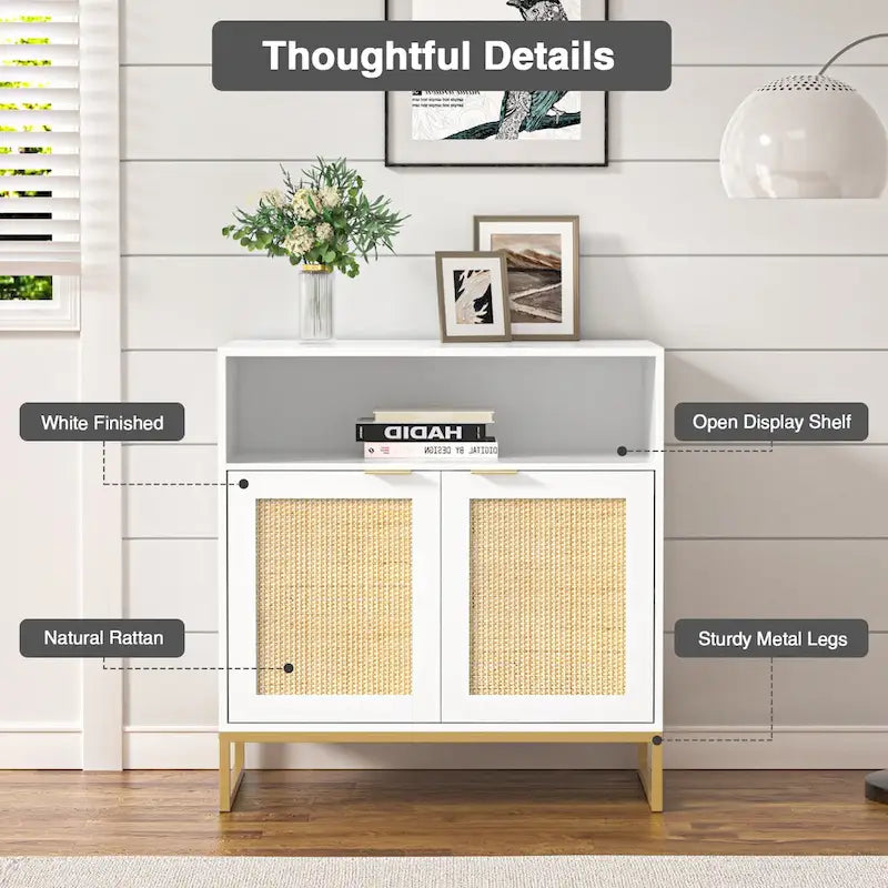 Buffet Anmytek moderne en rotin et bois blanc à 2 portes, meuble de rangement de cuisine avec étagère réglable