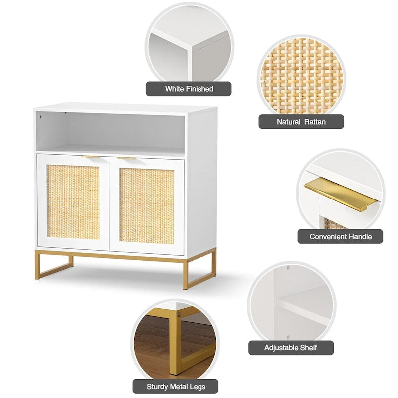 Buffet Anmytek moderne en rotin et bois blanc à 2 portes, meuble de rangement de cuisine avec étagère réglable