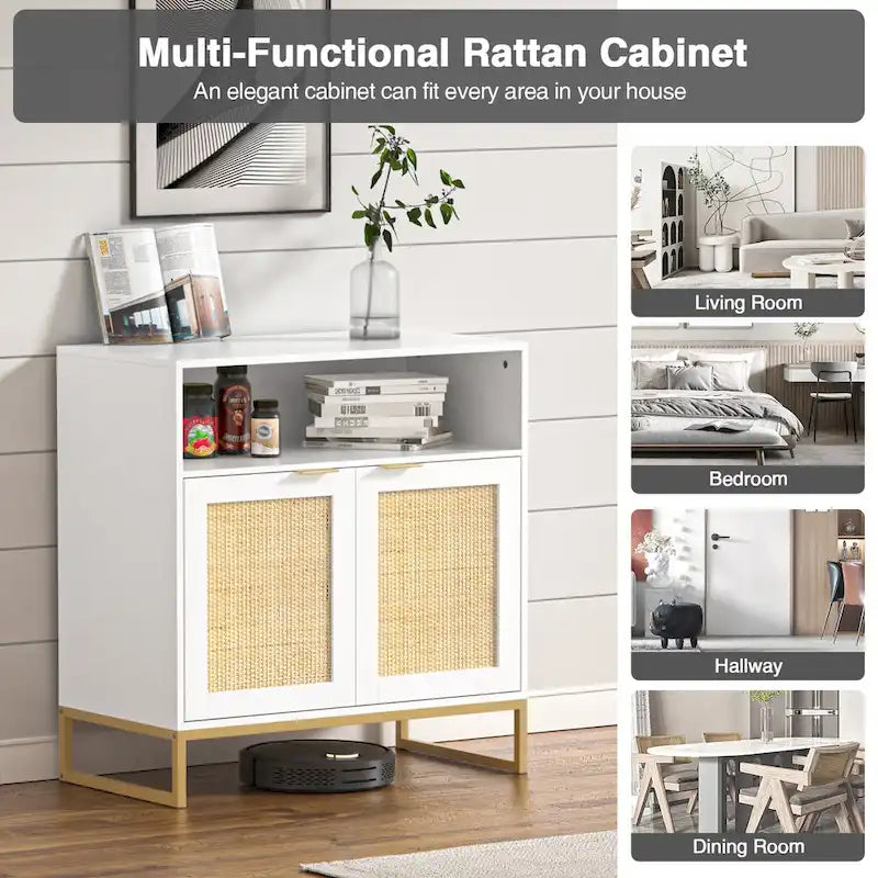 Buffet Anmytek moderne en rotin et bois blanc à 2 portes, meuble de rangement de cuisine avec étagère réglable