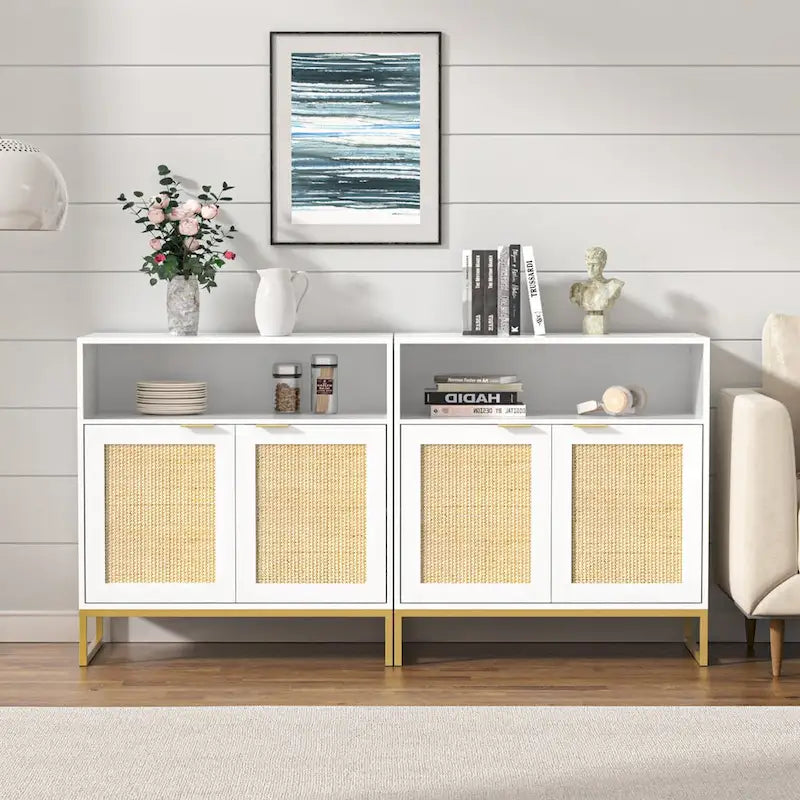 Buffet Anmytek moderne en rotin et bois blanc à 2 portes, meuble de rangement de cuisine avec étagère réglable