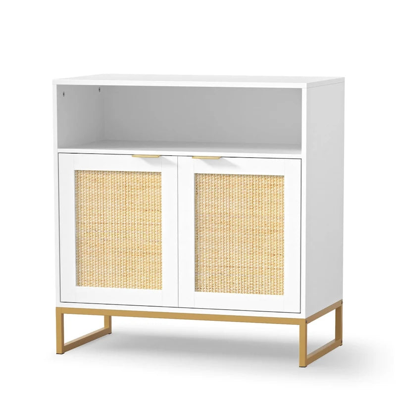 Buffet Anmytek moderne en rotin et bois blanc à 2 portes, meuble de rangement de cuisine avec étagère réglable