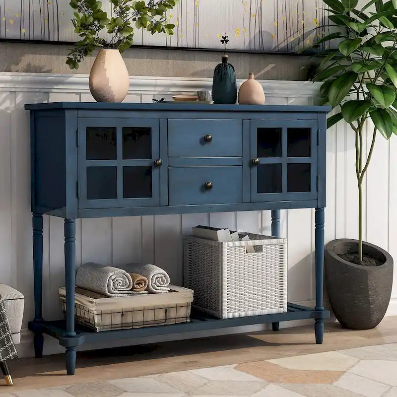 Table console de buffet avec étagère inférieure, meuble de rangement de salon en bois/verre style ferme