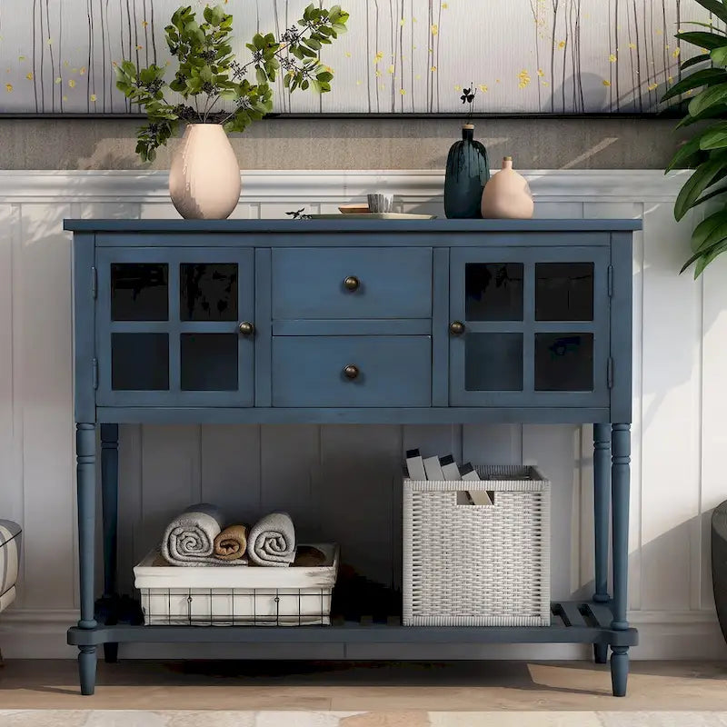 Table console de buffet avec étagère inférieure, meuble de rangement de salon en bois/verre style ferme
