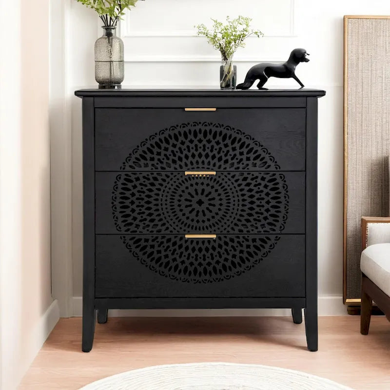 Commode à 3 tiroirs ajourés avec poignées métalliques pour entrée, salon, chambre à coucher