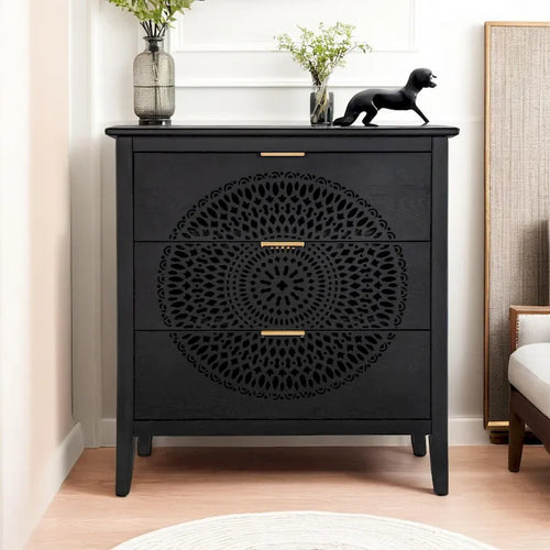 Commode à 3 tiroirs ajourés avec poignées métalliques pour entrée, salon, chambre à coucher