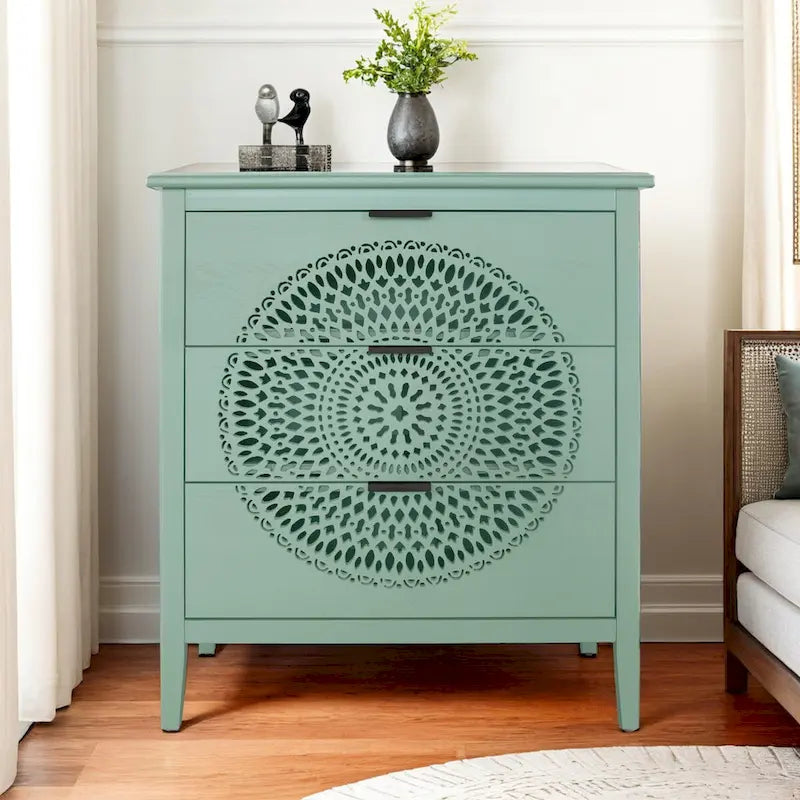 Commode à 3 tiroirs ajourés avec poignées métalliques pour entrée, salon, chambre à coucher