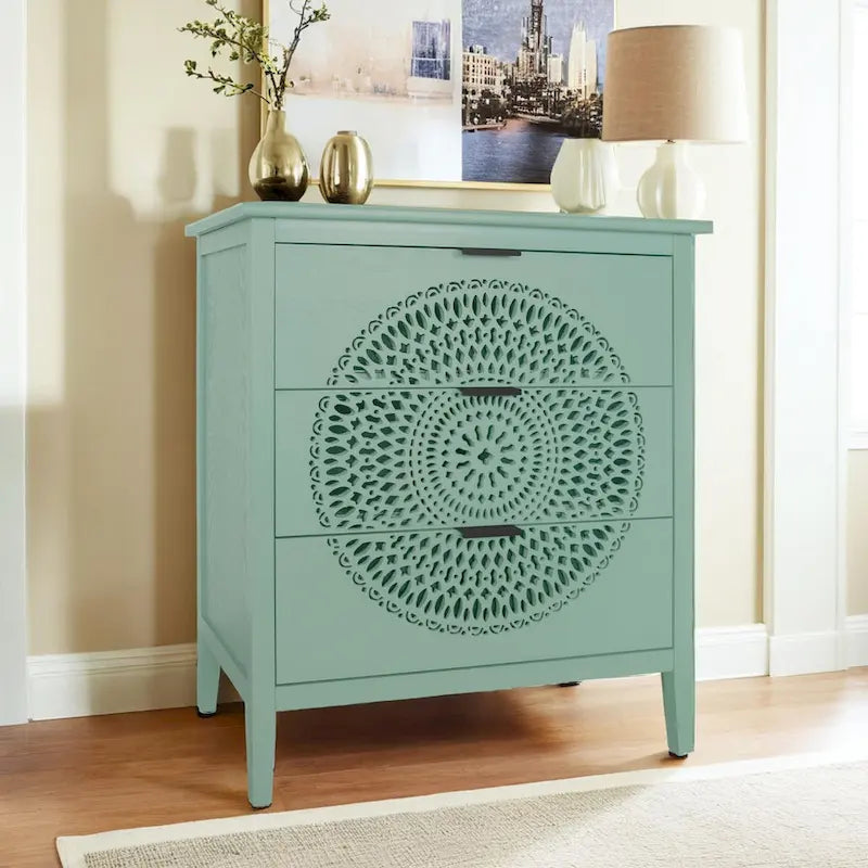 Commode à 3 tiroirs ajourés avec poignées métalliques pour entrée, salon, chambre à coucher