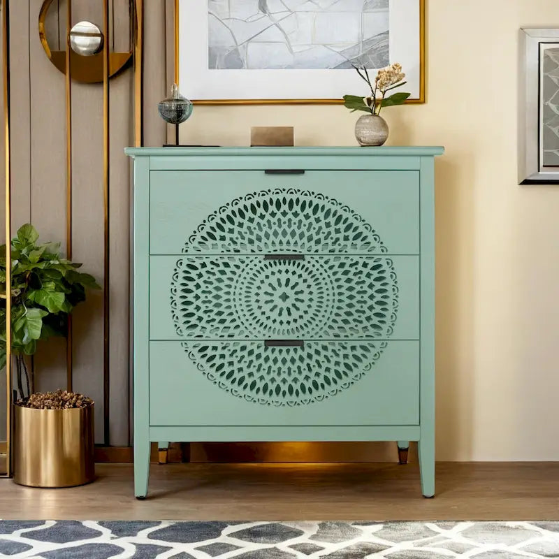 Commode à 3 tiroirs ajourés avec poignées métalliques pour entrée, salon, chambre à coucher