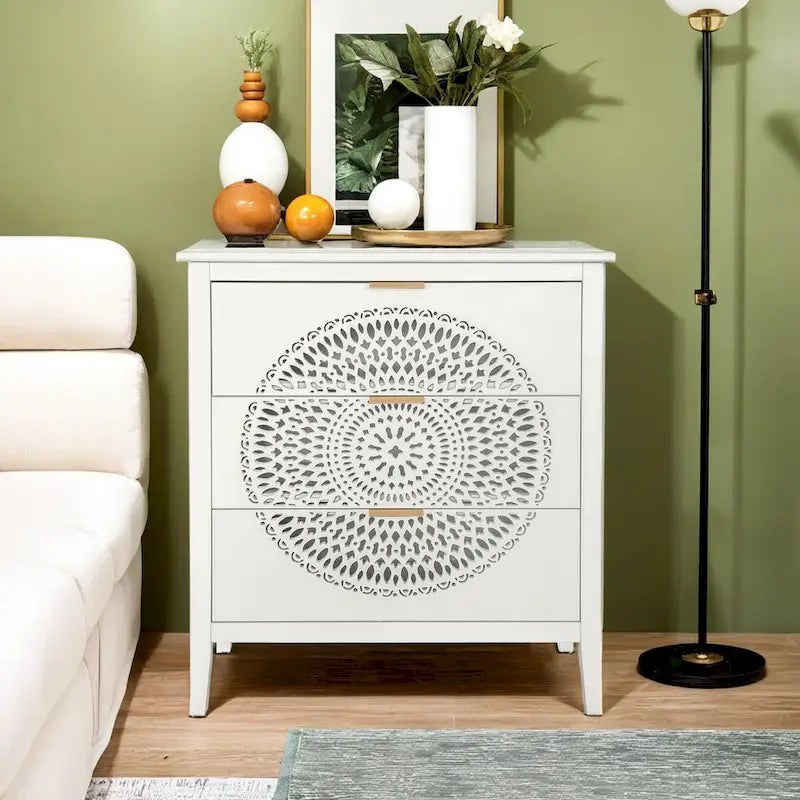 Commode à 3 tiroirs ajourés avec poignées métalliques pour entrée, salon, chambre à coucher