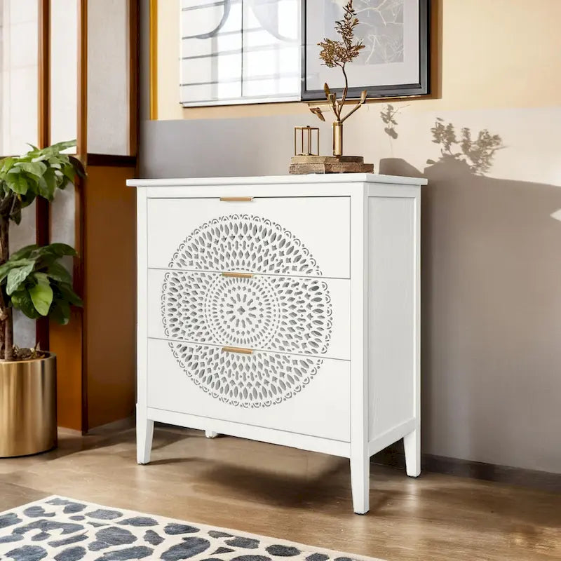 Commode à 3 tiroirs ajourés avec poignées métalliques pour entrée, salon, chambre à coucher