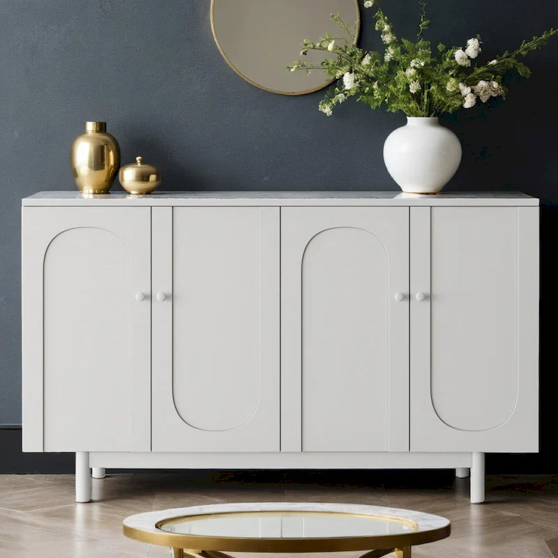 Armoire de rangement intaglio moderne à 4 portes avec étagère réglable, armoire élégante et d'appoint avec pieds en pin, buffet