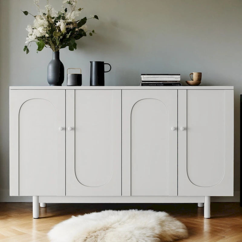 Armoire de rangement intaglio moderne à 4 portes avec étagère réglable, armoire élégante et d'appoint avec pieds en pin, buffet