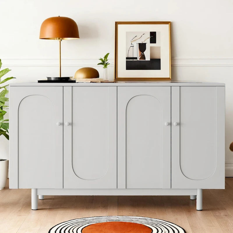 Armoire de rangement intaglio moderne à 4 portes avec étagère réglable, armoire élégante et d'appoint avec pieds en pin, buffet