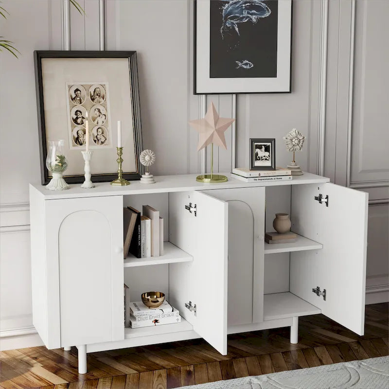 Armoire de rangement intaglio moderne à 4 portes avec étagère réglable, armoire élégante et d'appoint avec pieds en pin, buffet