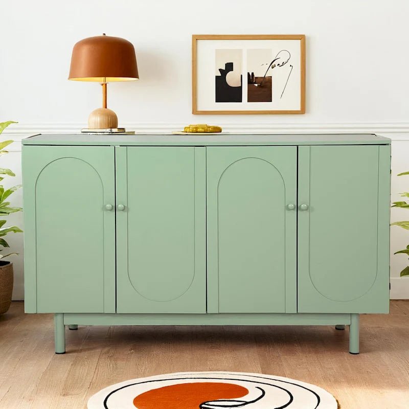 Armoire de rangement intaglio moderne à 4 portes avec étagère réglable, armoire élégante et d'appoint avec pieds en pin, buffet