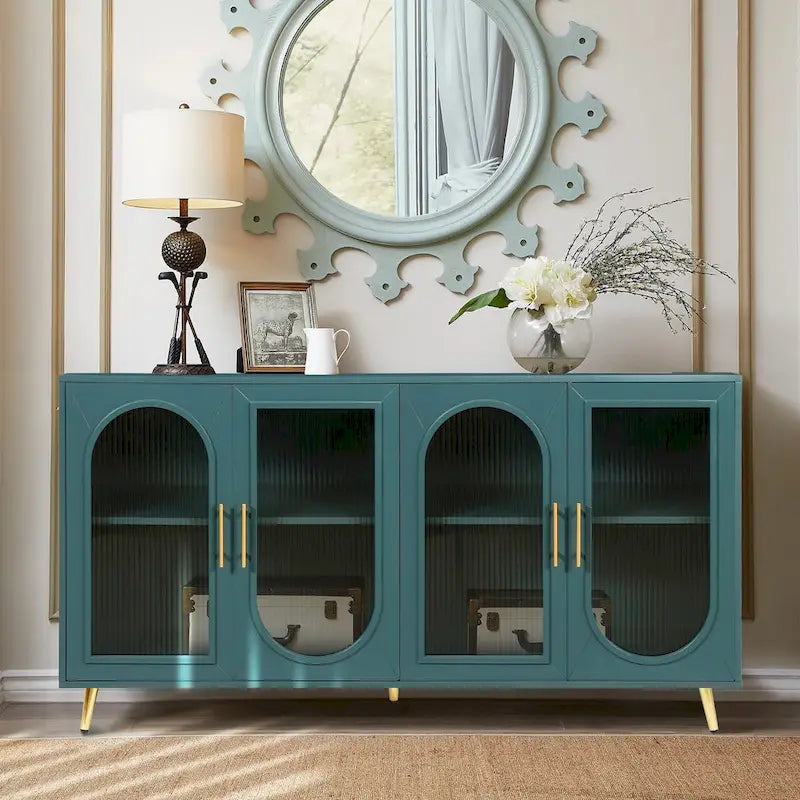 Meuble TV en bois de 60 pouces avec armoire de rangement et porte en verre